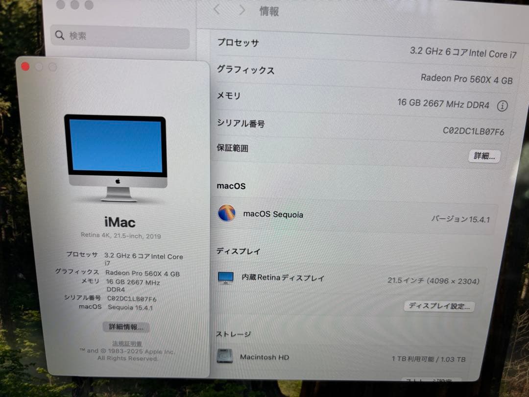 iMac 21.5インチ　2019 i7 16GB Fusion Drive