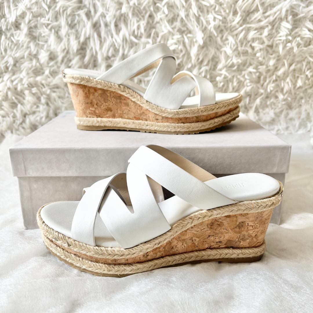 極美品★ジミーチュウ ホワイト クロスストラップ ウエッジソール サンダル 36