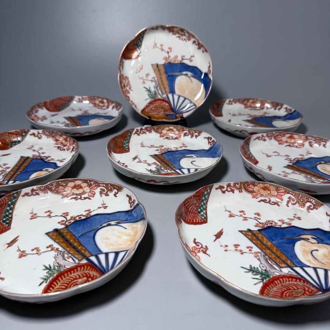 古伊万里　錦手　色絵鷺扇子文様輪花形皿　8枚　1700年代後期　15.5cm