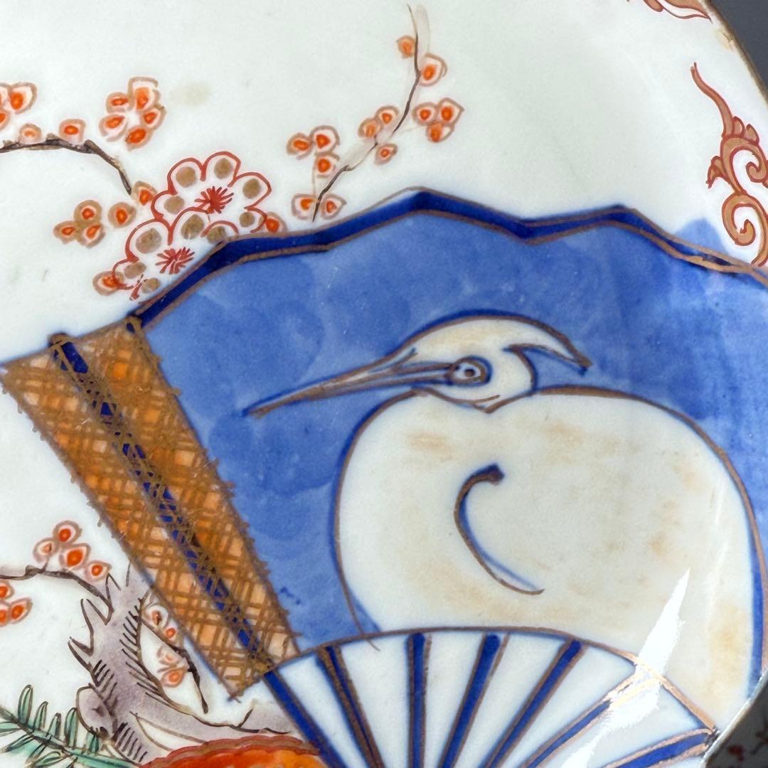 古伊万里　錦手　色絵鷺扇子文様輪花形皿　8枚　1700年代後期　15.5cm