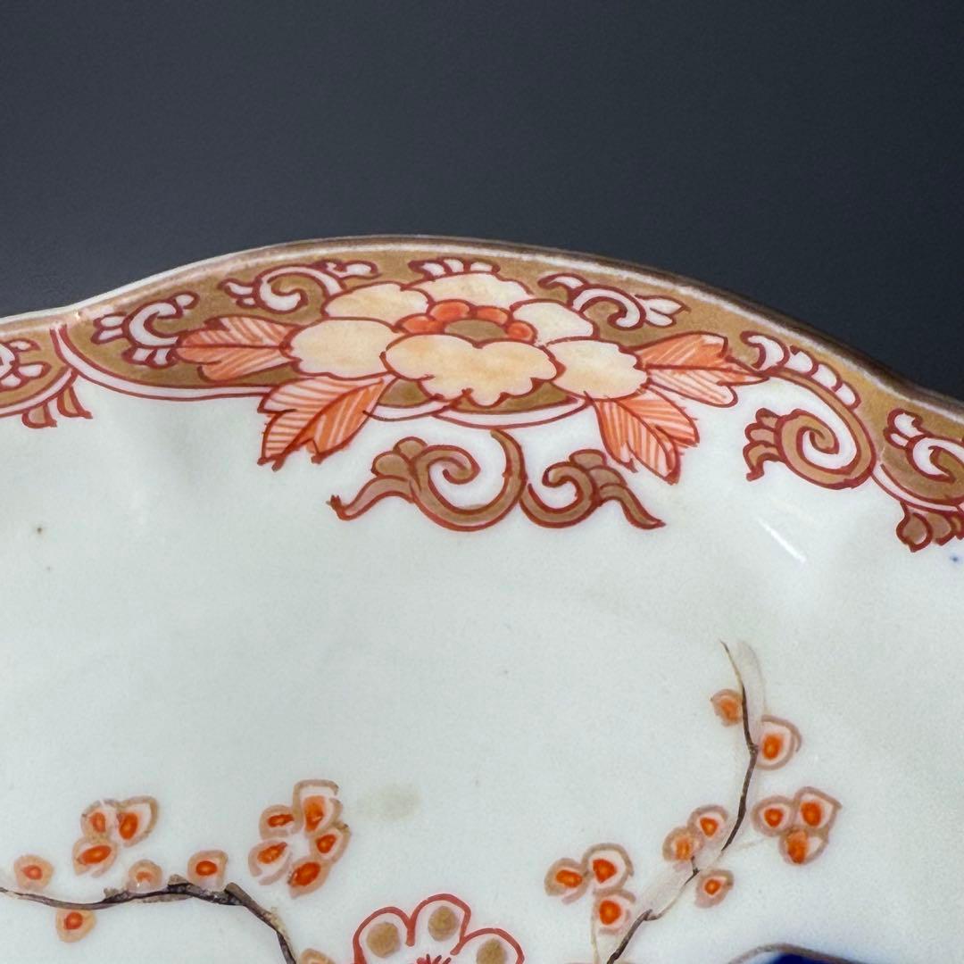 古伊万里　錦手　色絵鷺扇子文様輪花形皿　8枚　1700年代後期　15.5cm