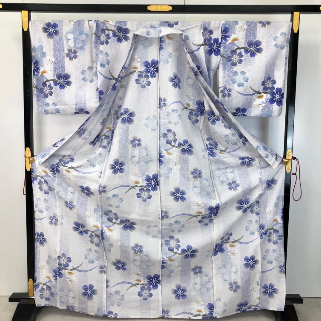 夏着物 浴衣 綿紅梅 兎に雪芝 桜の花 白色 トールサイズ K-5139