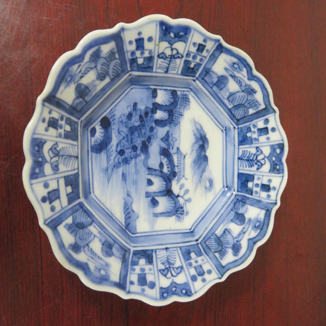 中皿 5枚 染付 山水文様 幾何学 草文様 花弁縁 銘