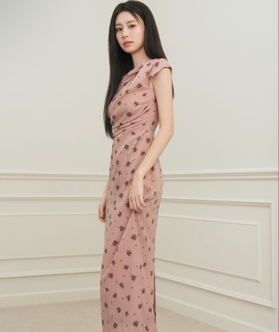 SNIDEL フラワープリントドレープワンピース PNK