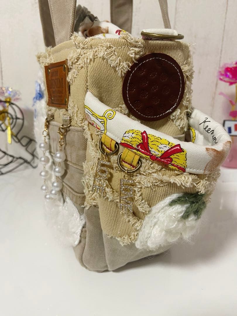 デニムリメイクバックS ベージュフリンジ×わんちゃん