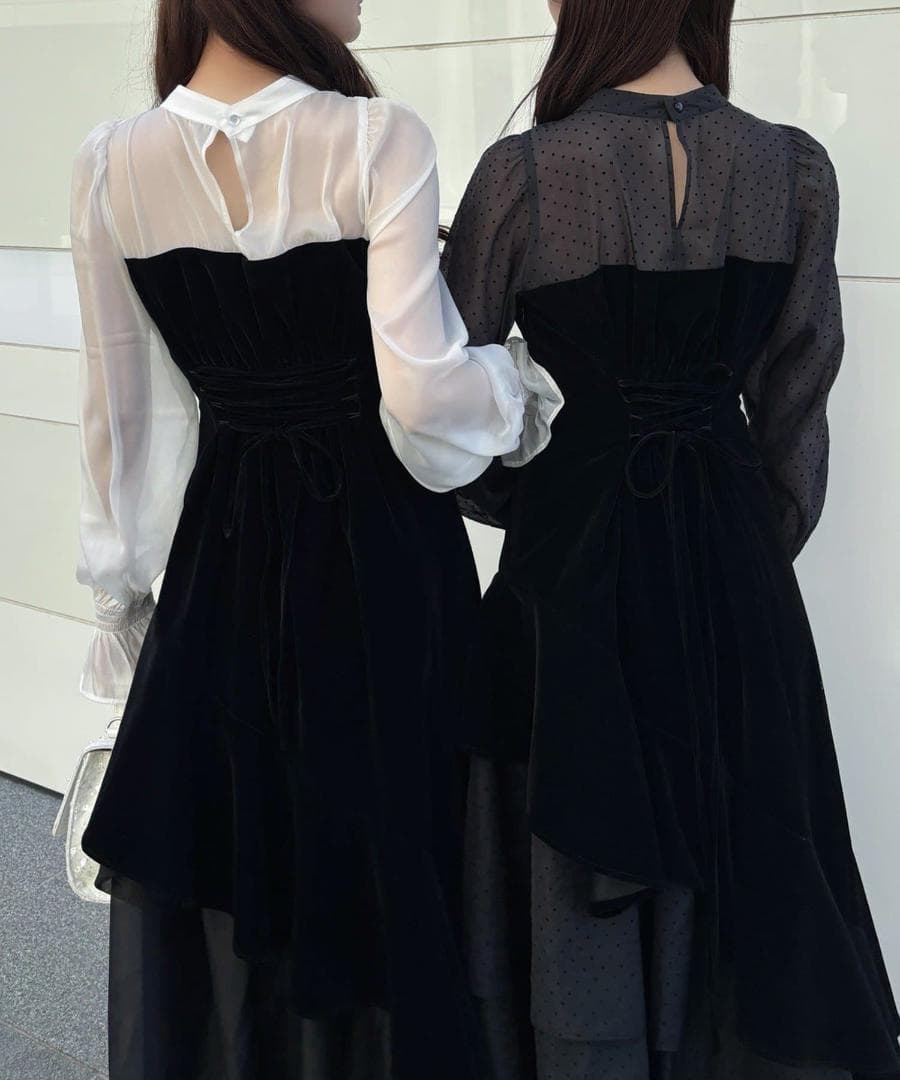 新品 NICE CLAUP オケージョン ベロアリボン異素材ロングワンピース