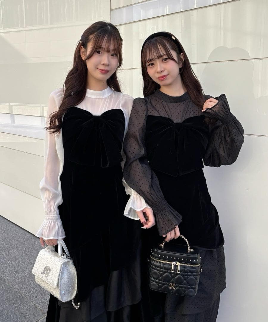 新品 NICE CLAUP オケージョン ベロアリボン異素材ロングワンピース