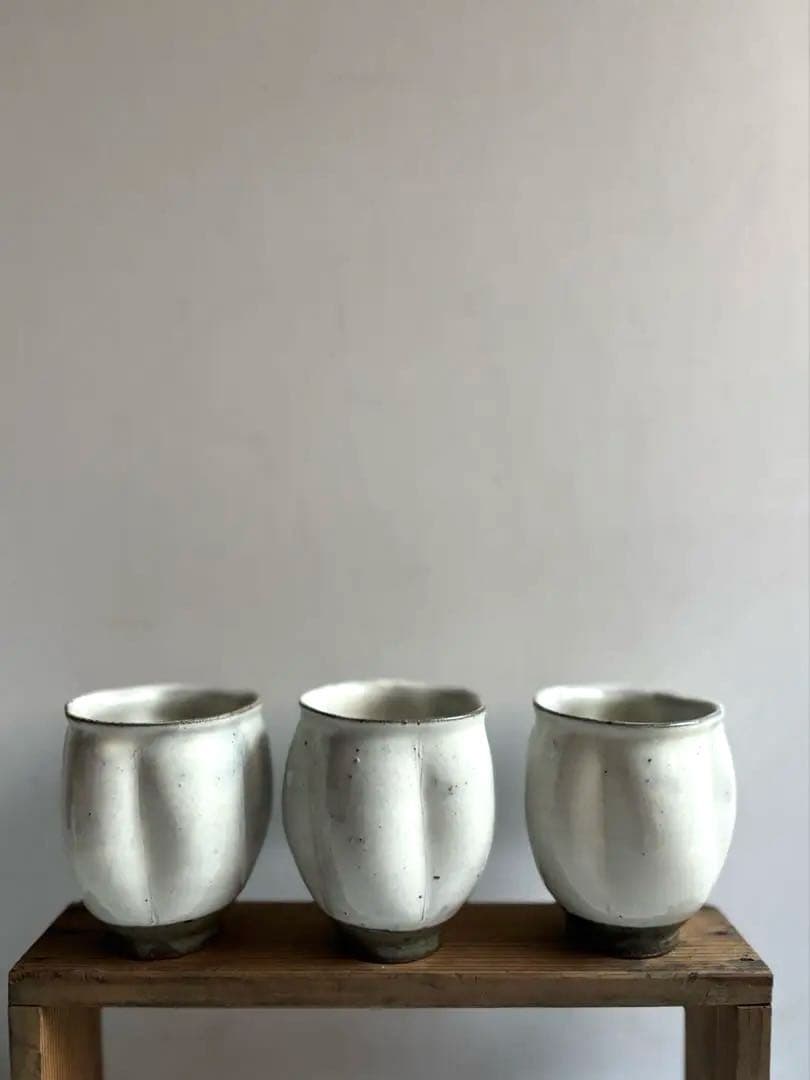 777 民芸 民陶 唐津焼 中里隆 粉引 瓜型湯呑み 3点組 美品