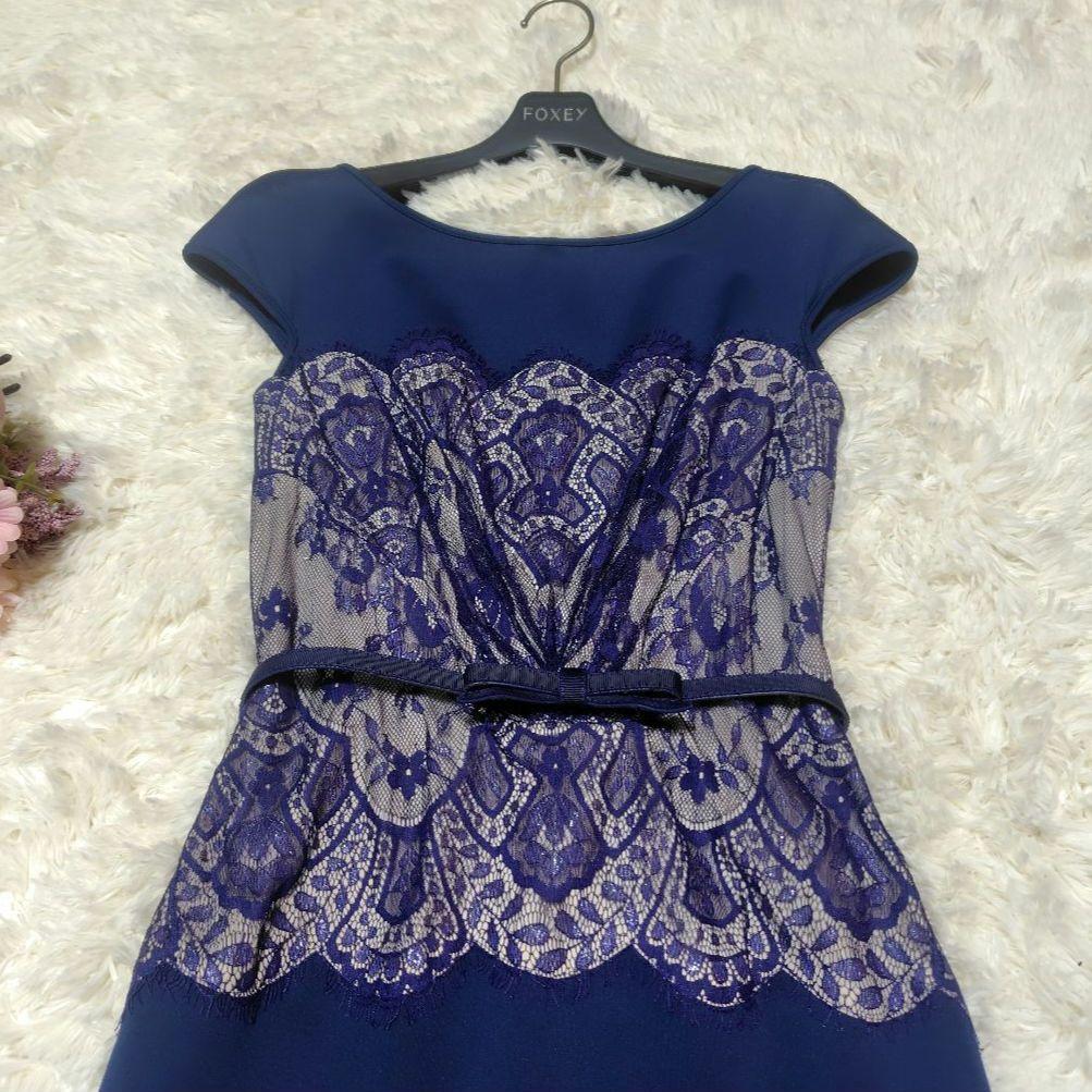 【美品♡定価８万】タダシショージ　リボンベルト付きレースドレス　ネイビー　2