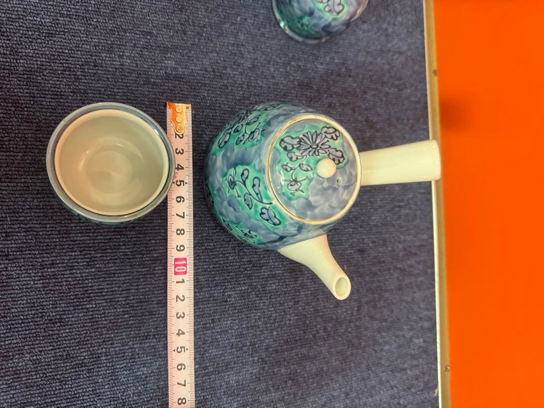 1716  源右衛門窯　青彩菊絵　茶器セット　急須1客　湯呑5客　未使用