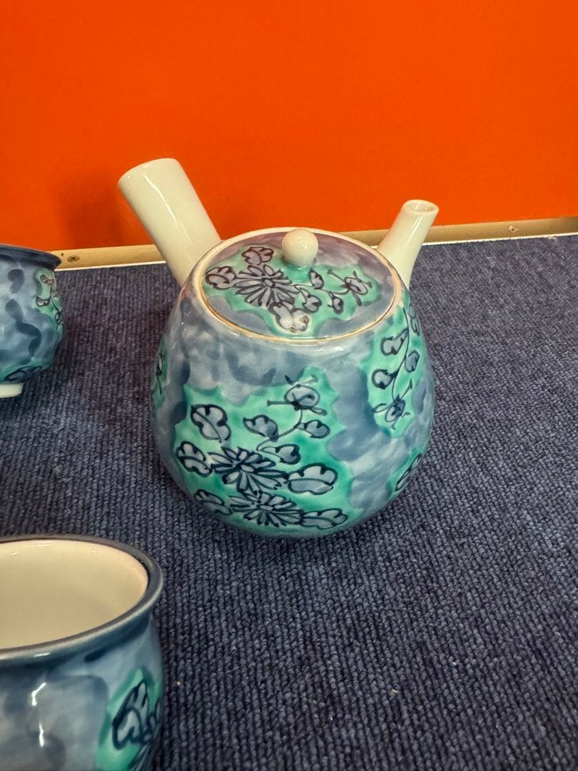 1716  源右衛門窯　青彩菊絵　茶器セット　急須1客　湯呑5客　未使用