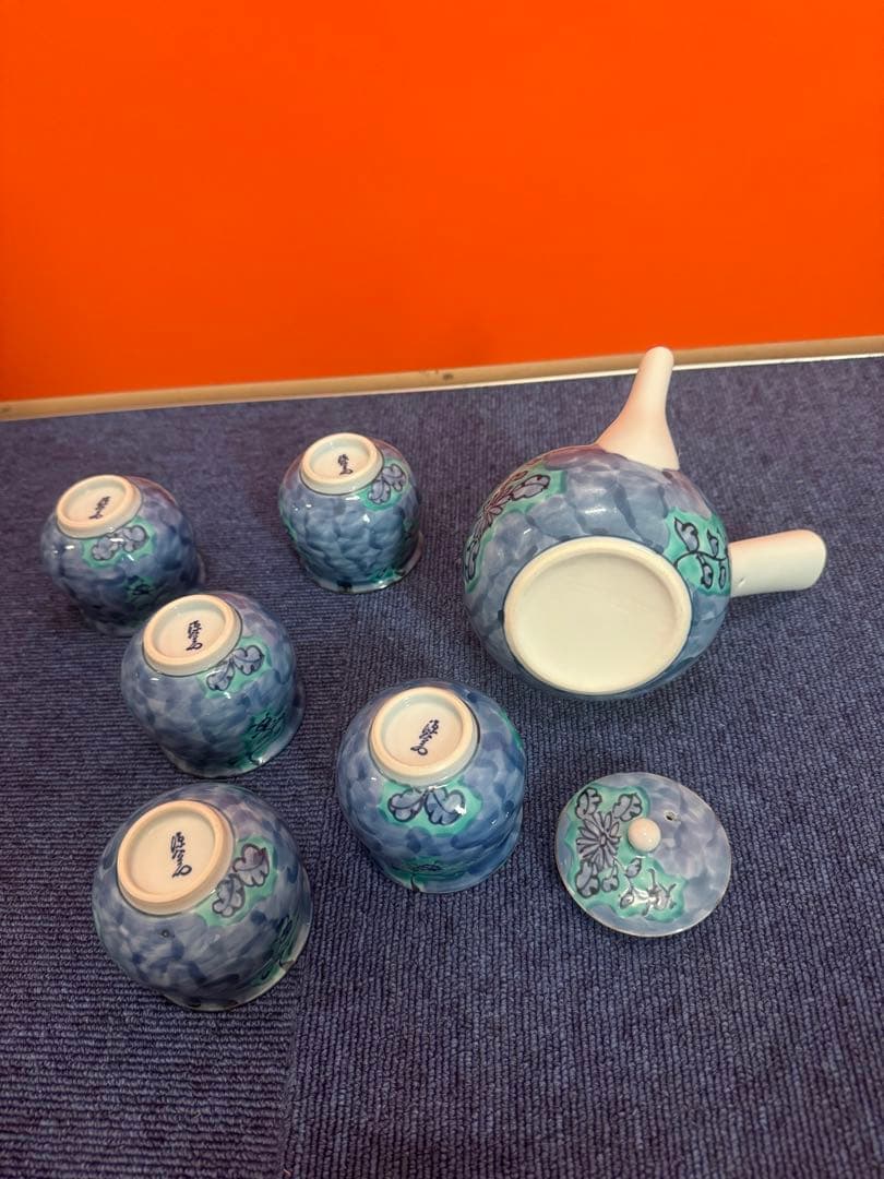 1716  源右衛門窯　青彩菊絵　茶器セット　急須1客　湯呑5客　未使用