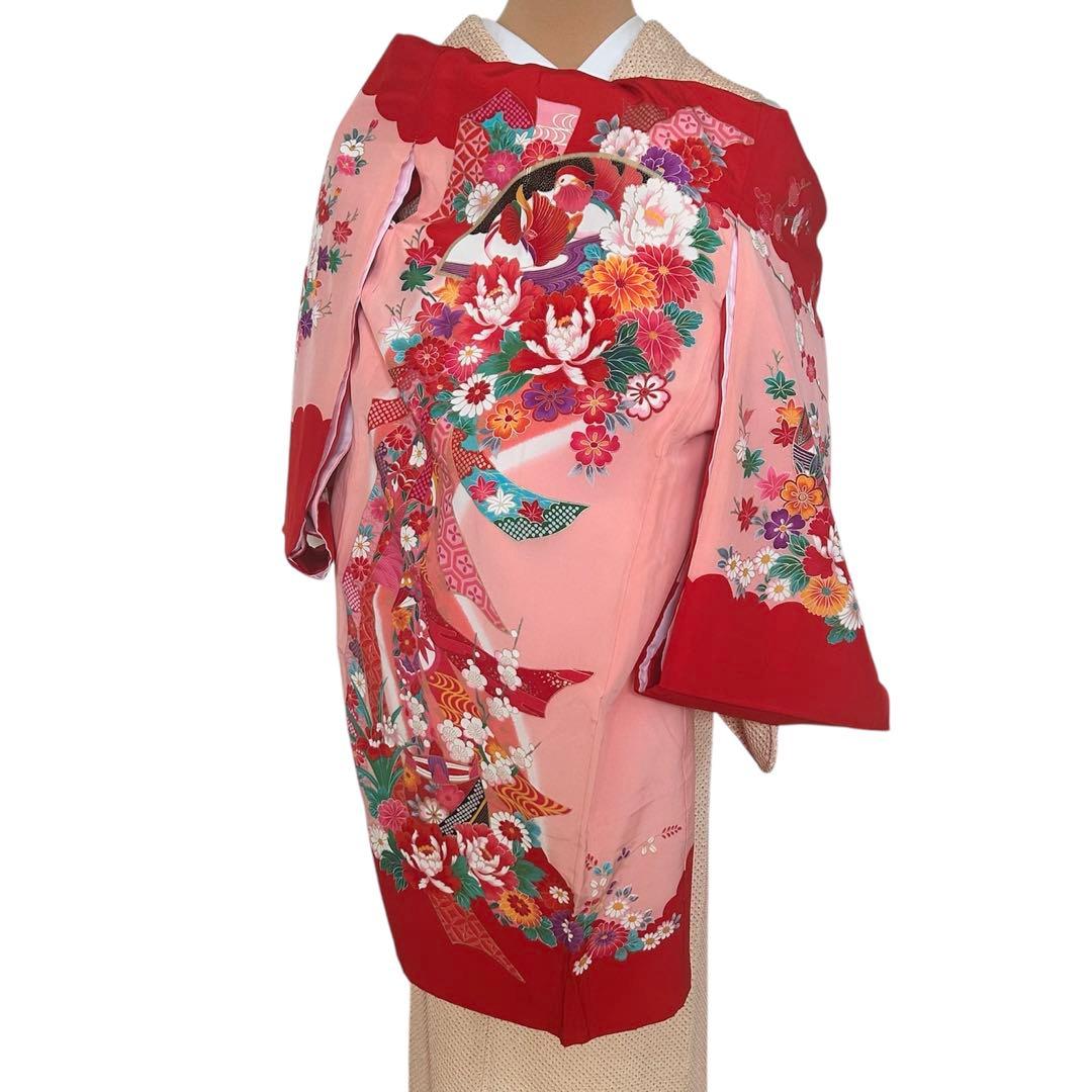 お宮参り　産着　祝着　赤×ピンク　おしどり　花々　束ね熨斗　女の子　襦袢付き