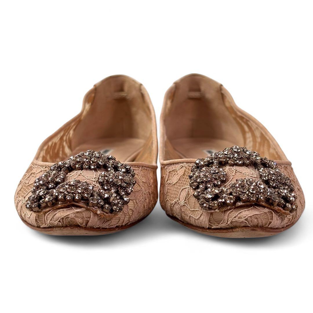 美品 マノロブラニク 36 23 ハンギシ レース ビジュー バックル ベージュ