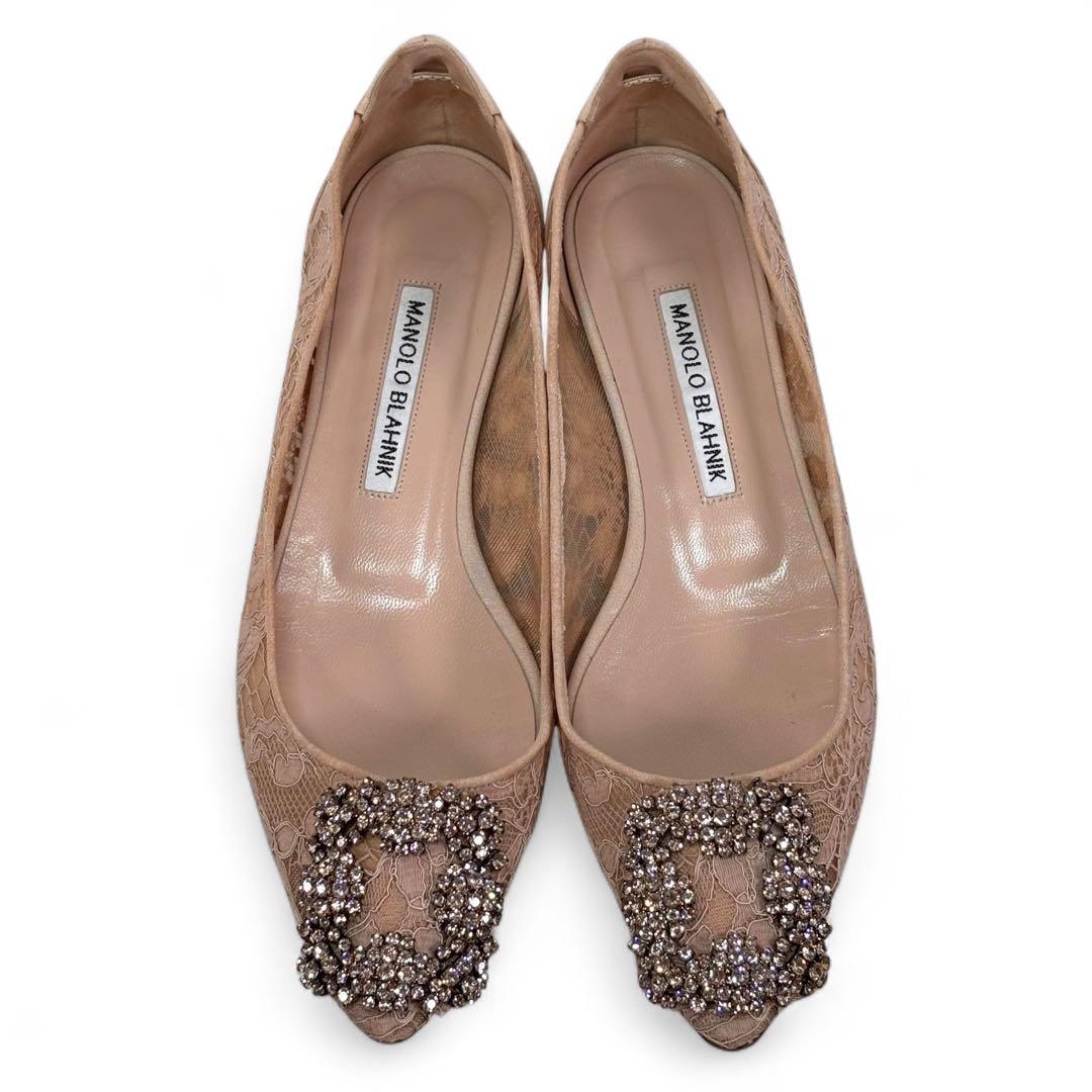 美品 マノロブラニク 36 23 ハンギシ レース ビジュー バックル ベージュ