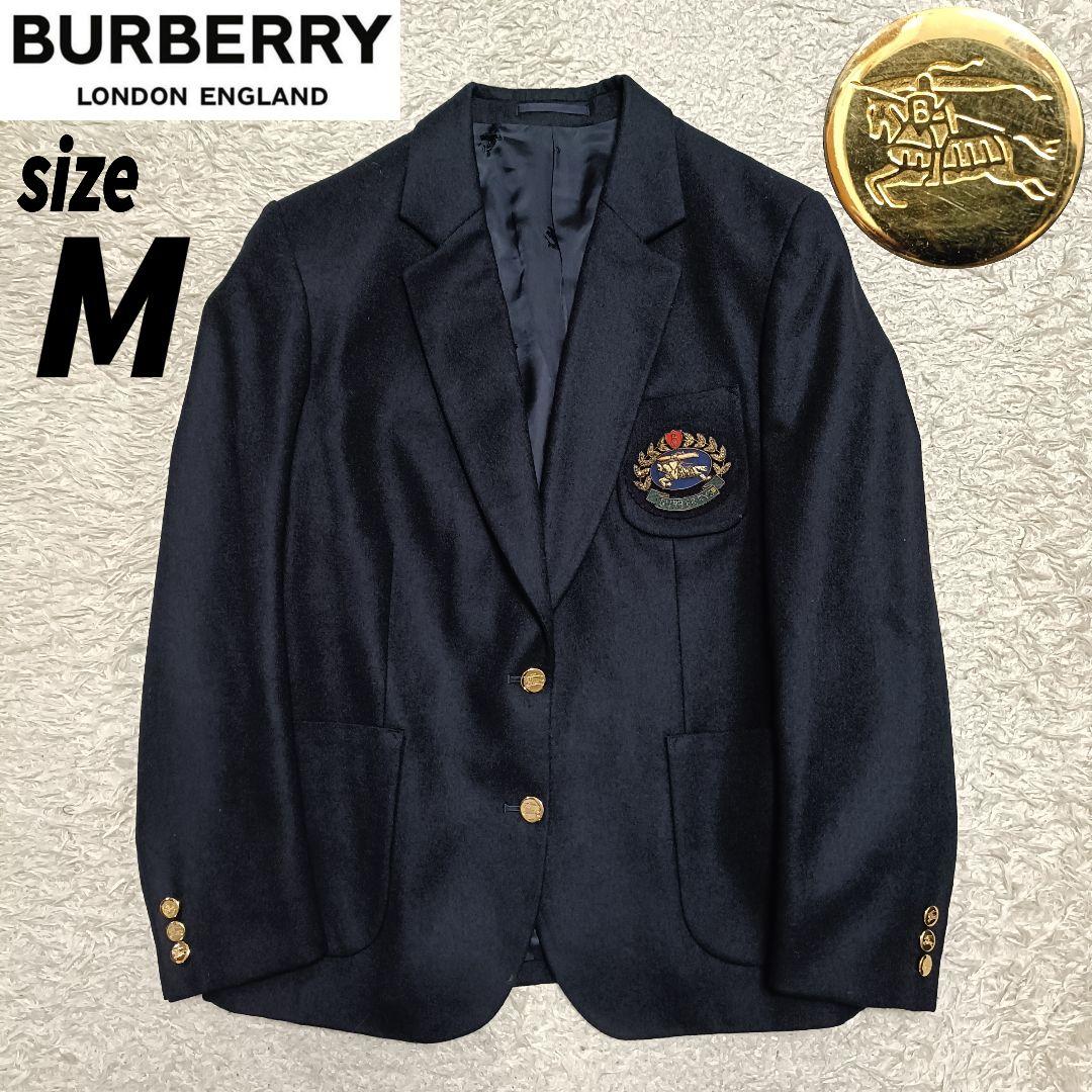 【美品】バーバリー 紺色ブレザー 金ボタン 裏地ロゴ 刺繍ワッペン 英国製