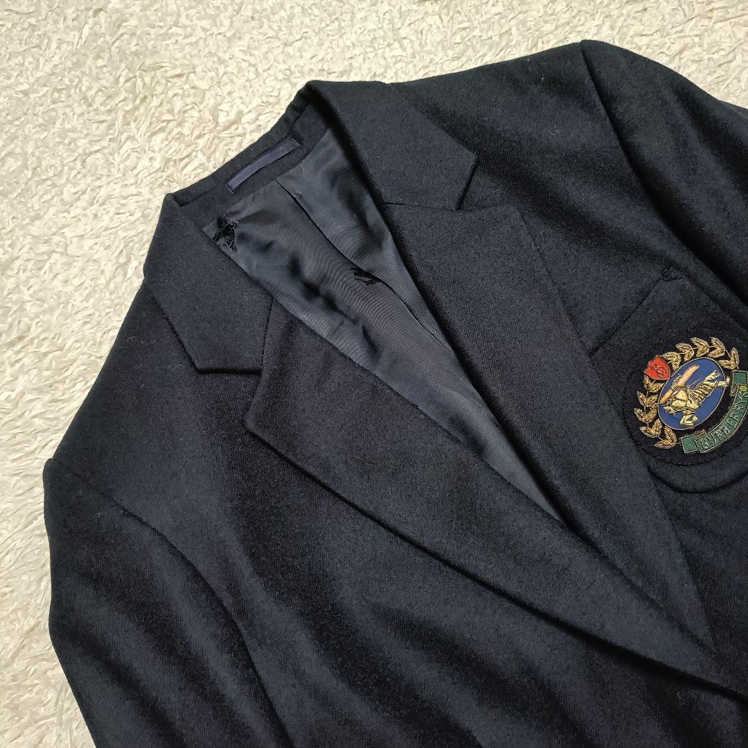 【美品】バーバリー 紺色ブレザー 金ボタン 裏地ロゴ 刺繍ワッペン 英国製