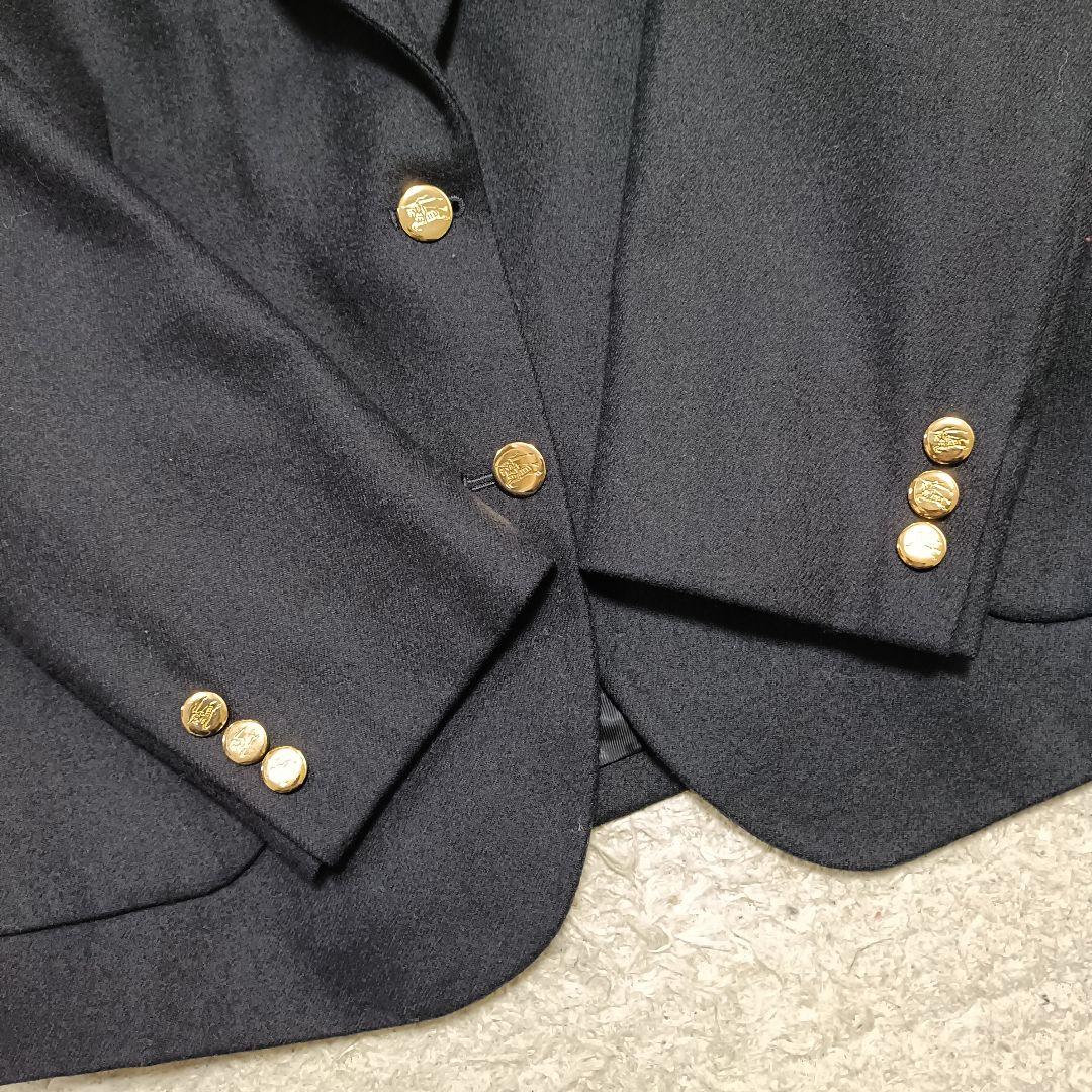 【美品】バーバリー 紺色ブレザー 金ボタン 裏地ロゴ 刺繍ワッペン 英国製