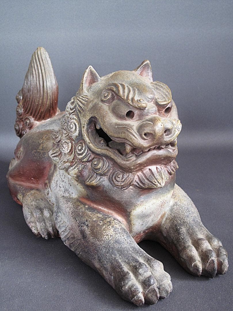 優品‼ 備前名工! 藤原陶斎 作『獅子置物』細工物 高19.5㎝ 横38㎝