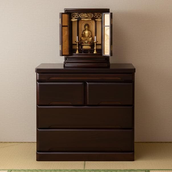 【新品訳あり】リビングにも置ける仏壇チェスト モダン棚付き 仏壇台 幅60cm