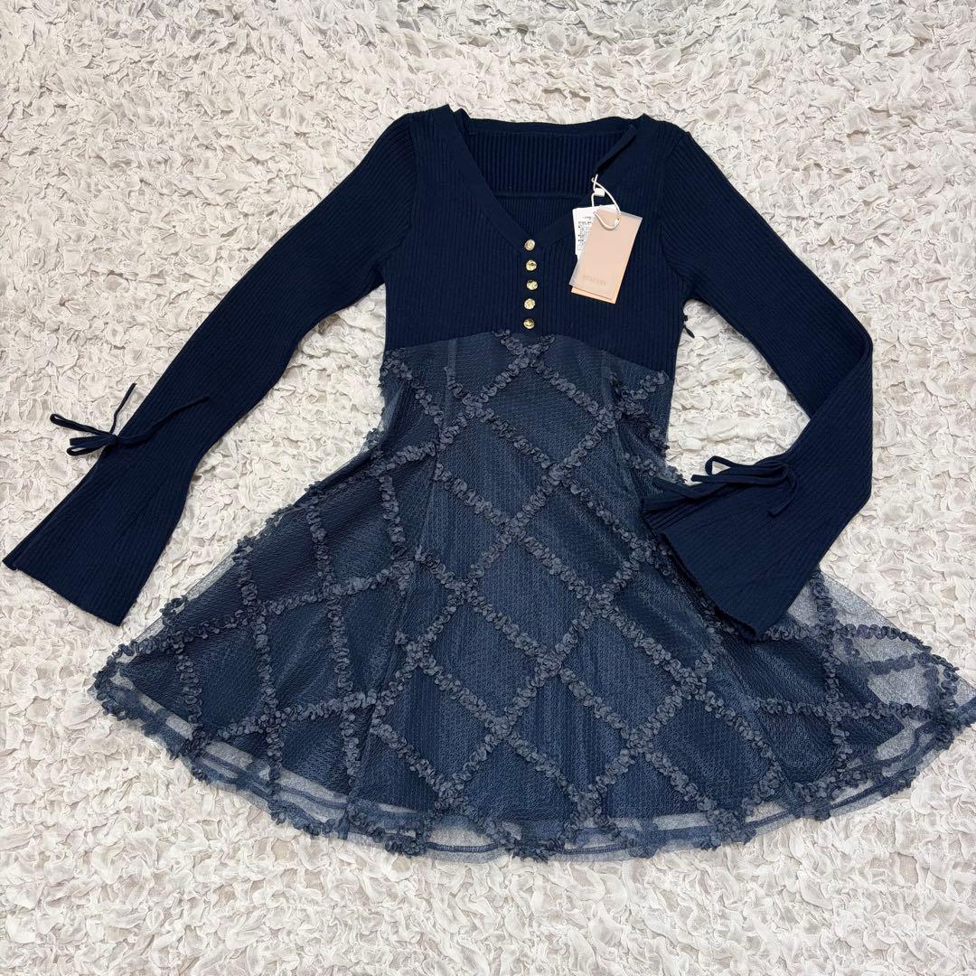 【新品タグ付】リゼクシードッキングフレアミニニットワンピース ネイビー