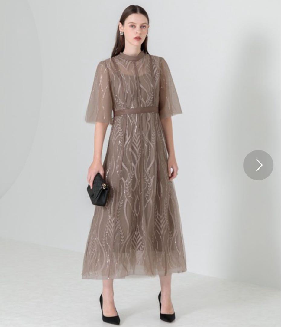 最安値新品_スパンコール刺繍レースプチハイネックフリルロングドレスワンピース