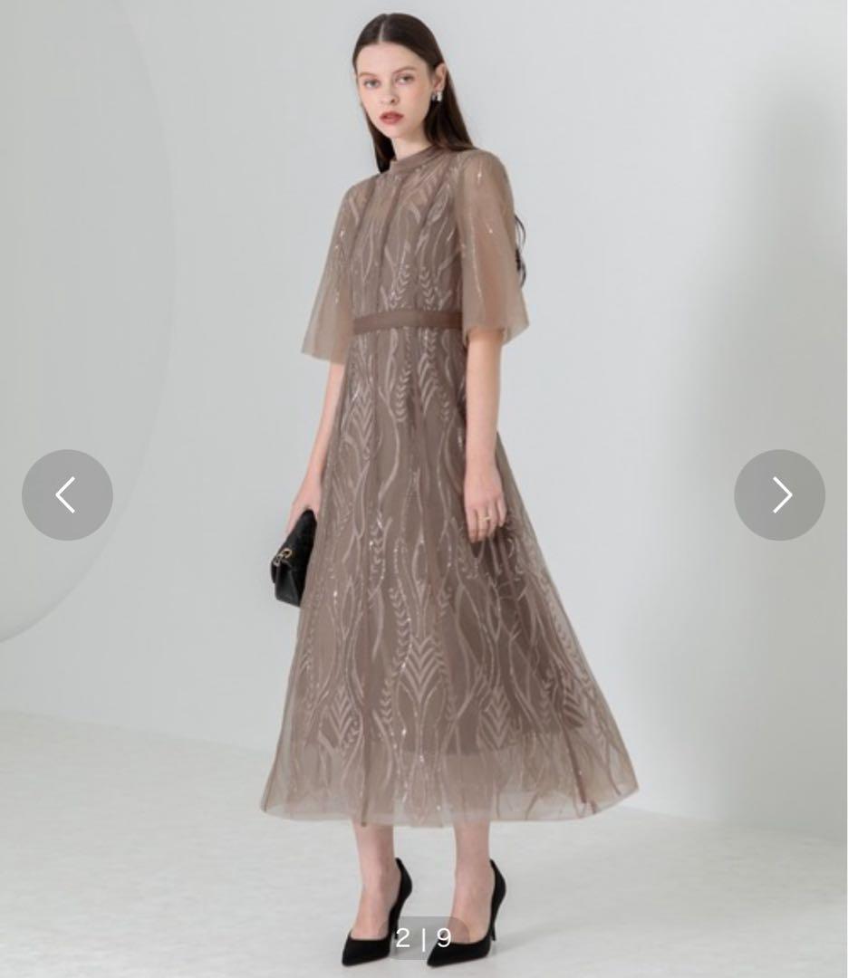 最安値新品_スパンコール刺繍レースプチハイネックフリルロングドレスワンピース