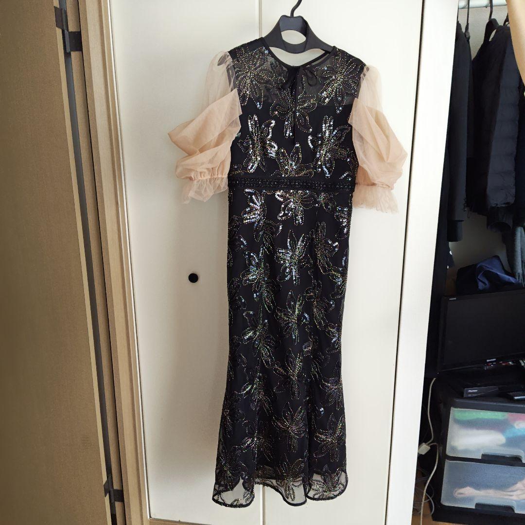 黒い刺繍ドレス シフォンフリル袖付き