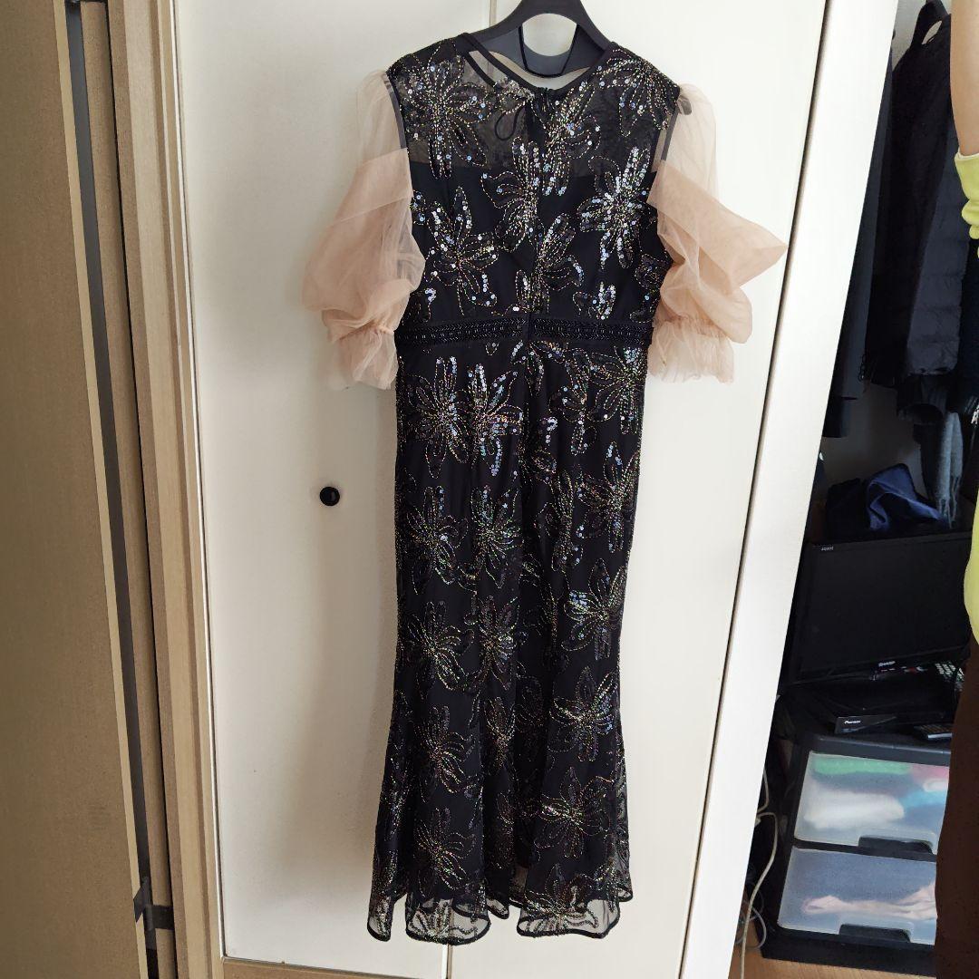 黒い刺繍ドレス シフォンフリル袖付き