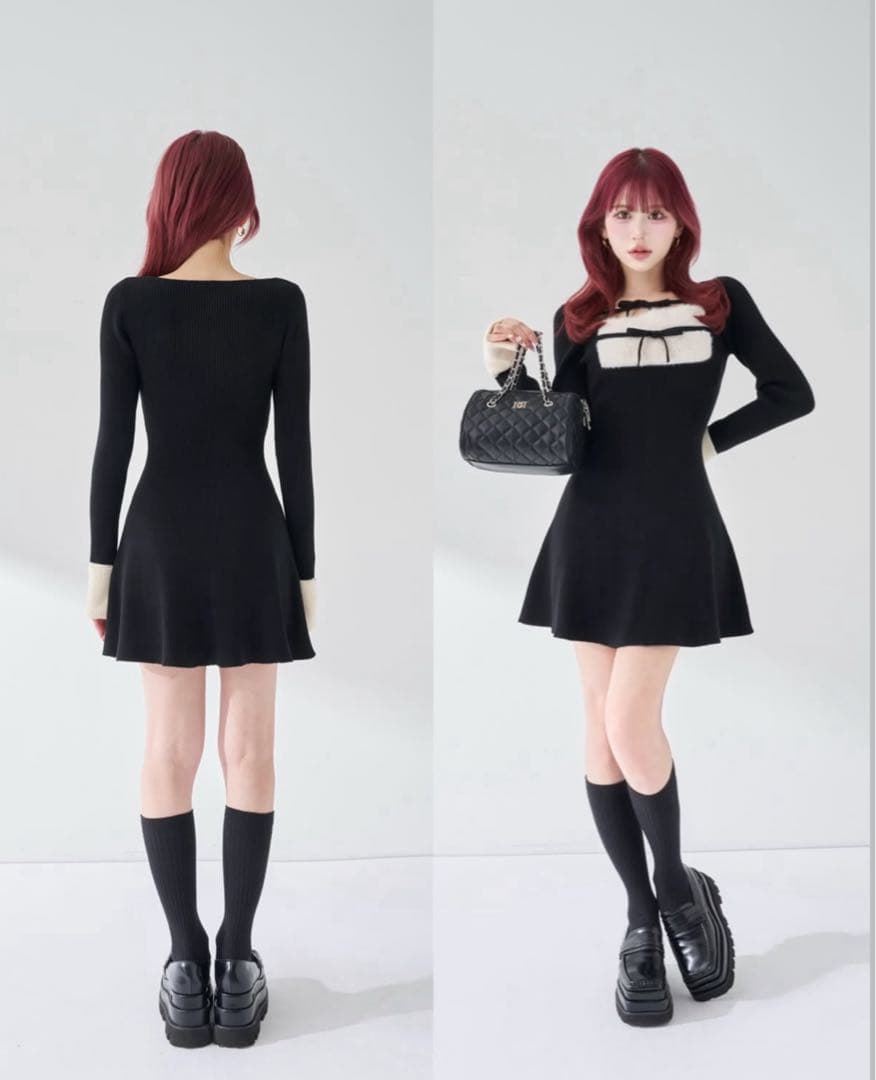 Darich リボンファーフレアニットミニワンピース ブラック free