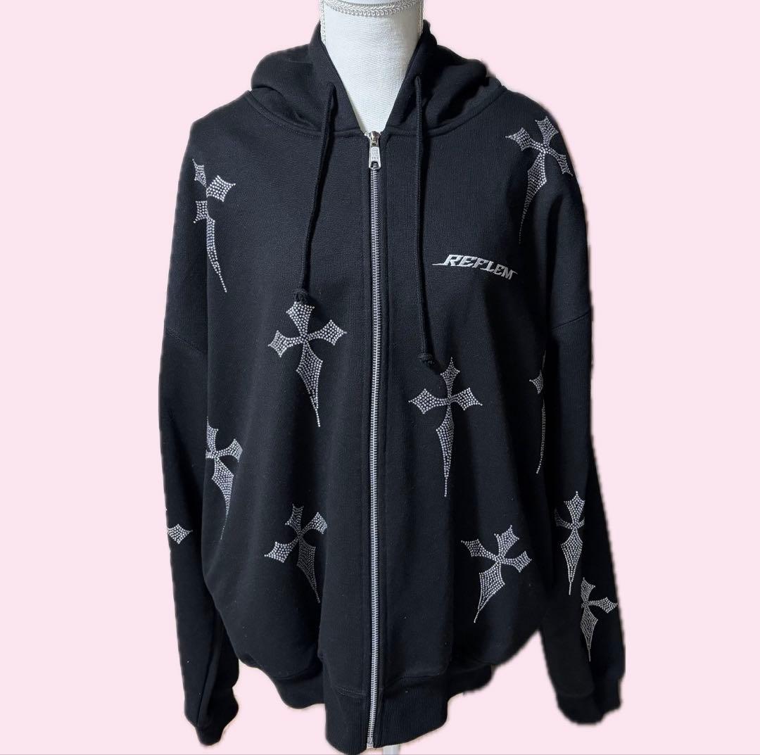 REFLEM レフレム　ジップアップパーカー　十字架　ライトストーン　ブラック