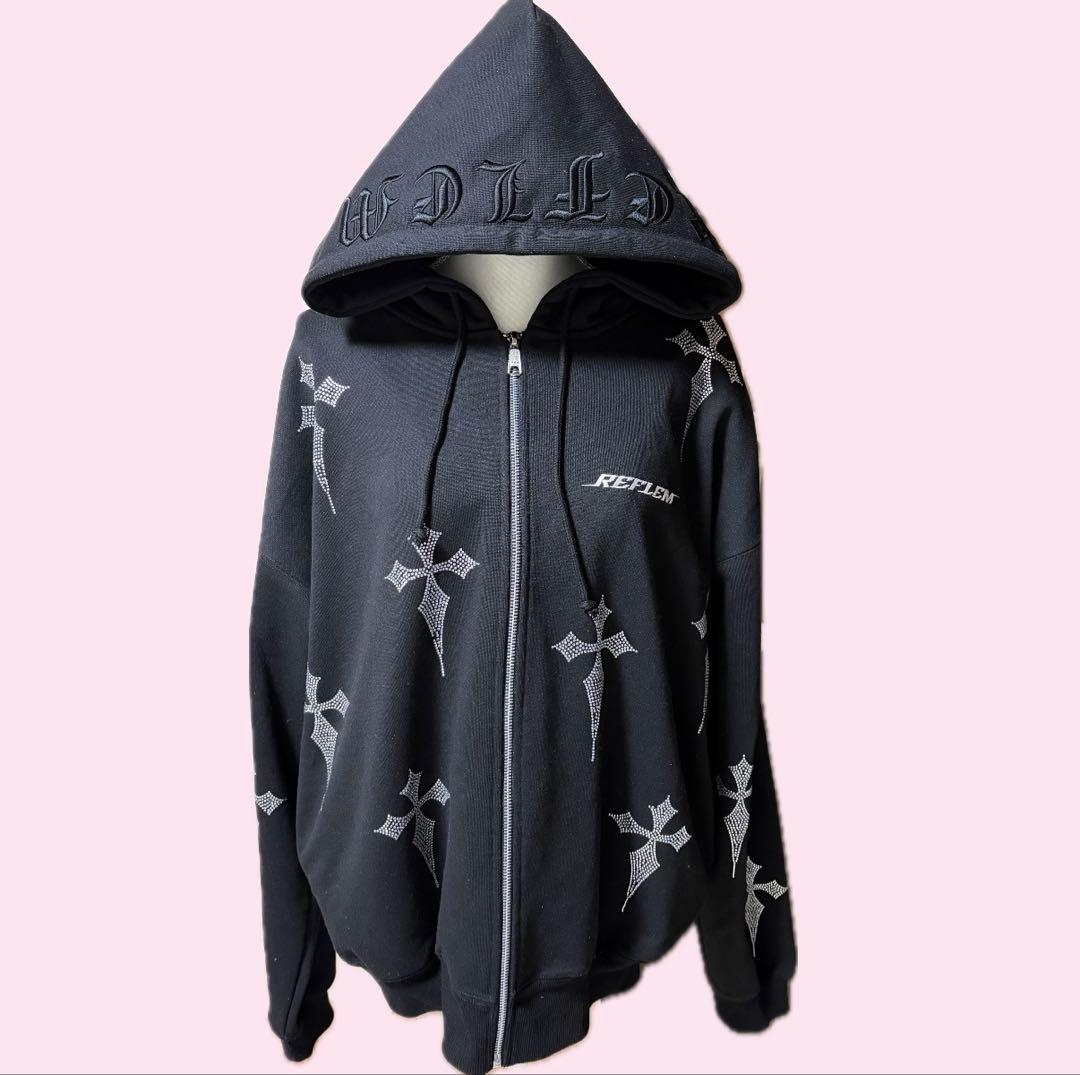 REFLEM レフレム　ジップアップパーカー　十字架　ライトストーン　ブラック