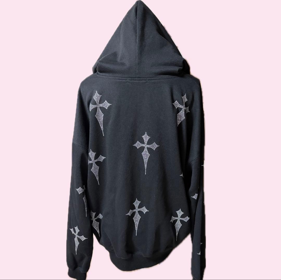 REFLEM レフレム　ジップアップパーカー　十字架　ライトストーン　ブラック