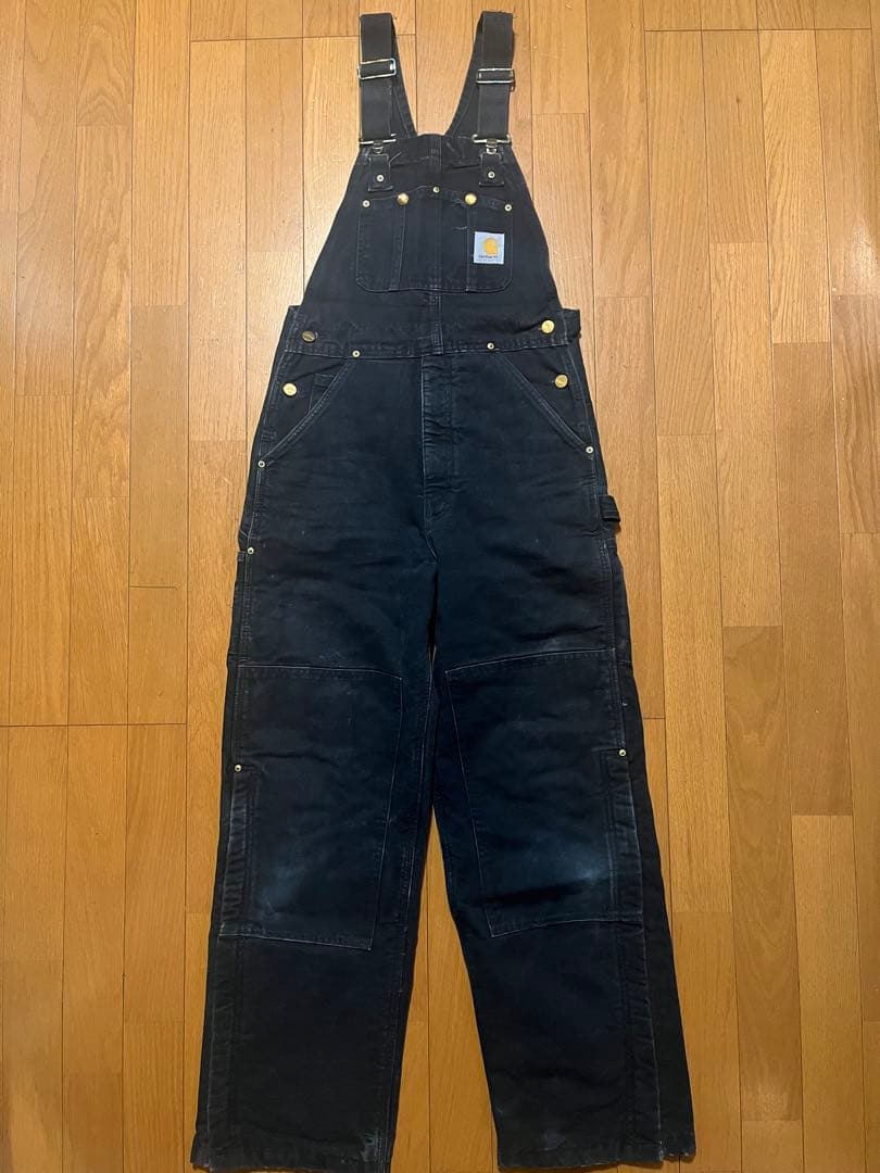 Carhartt 黒　オーバーオール　ダブルニー　中綿　　　赤インナー　フェード