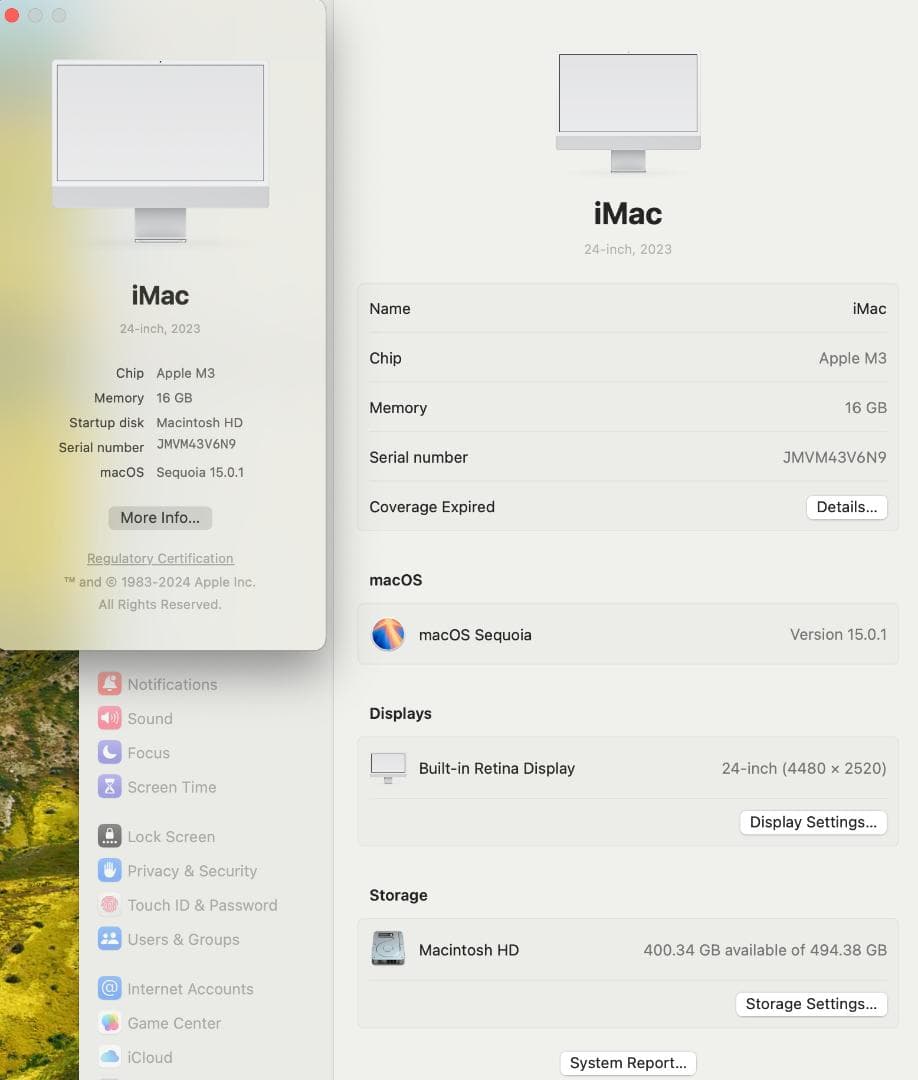 美品iMac 2023 24インチ M3チップ 16GBメモリ 512GBSSD