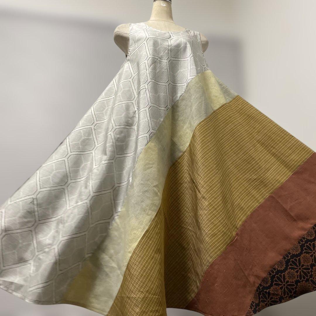 着物ワンピーステントラインロング丈【222】白大島紬や上代結城紬等M〜L