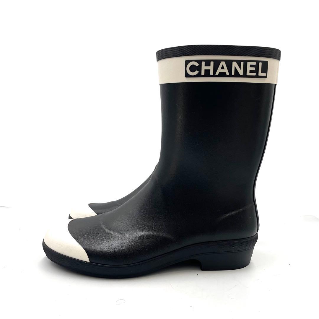 《未使用級》CHANEL シャネル レインブーツ ココマーク バイカラー 白黒