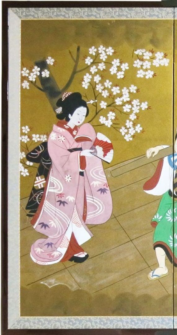四つ折り屏風　日本画　金箔彩色　花見遊山