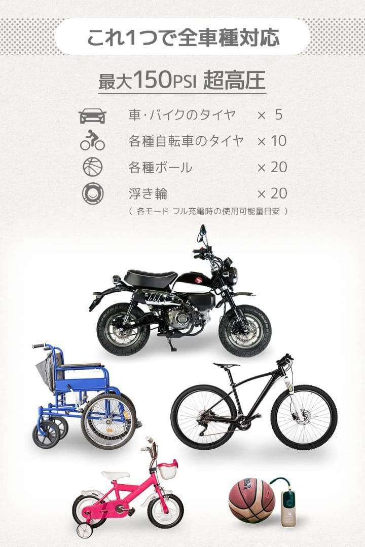 コンパクト 全バルブ対応 バッテリー式 自転車 電動空気入れ