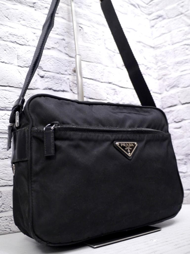 ◆ PRADA プラダ 男女可 ナイロンxレザー ショルダー カメラ バッグ 黒