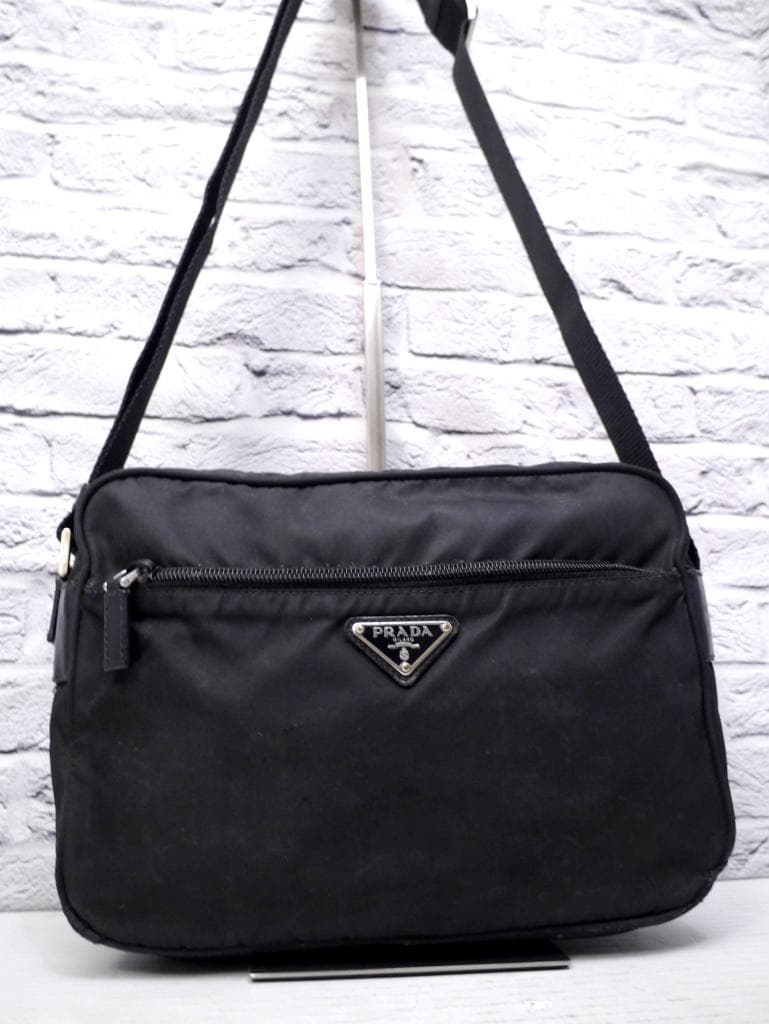 ◆ PRADA プラダ 男女可 ナイロンxレザー ショルダー カメラ バッグ 黒
