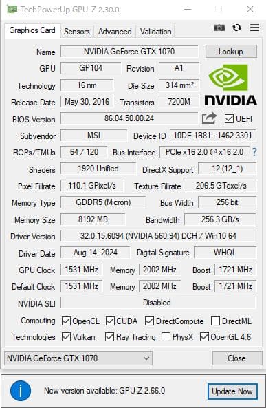 【MSI GTX 1070 AERO 8G OC】グラフィックボード