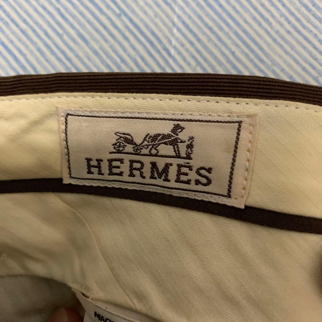 HERMESブラウン コットンパンツ黒レザーパッチ