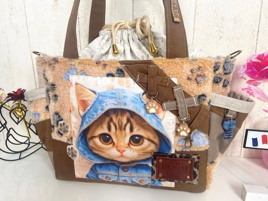 デニムリメイクバッグ　猫　肉求