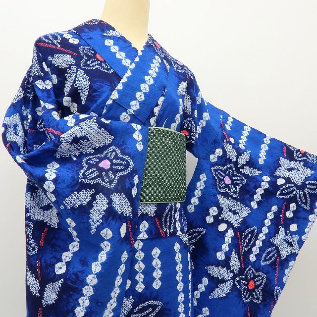 たまご✺美品 有松鳴海絞り 綿 桔梗 高級浴衣 着物 A3509