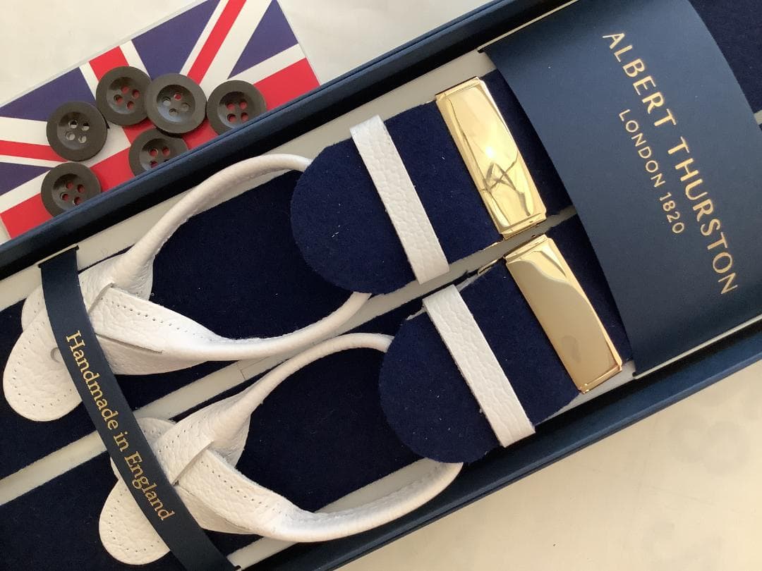 サスペンダー英国製アルバートサーストン6ボタン留ウールボックスBXネイビー