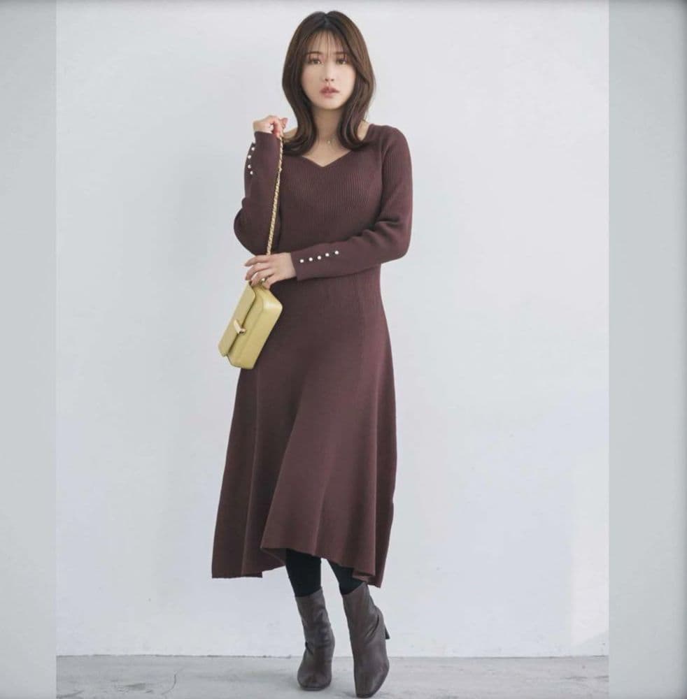 overE Aラインパネルニットワンピース 96サイズ モカブラウン