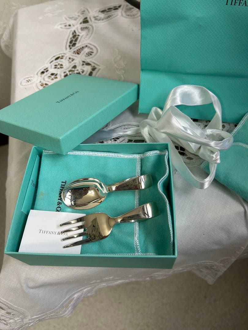 ティファニー　お食い初め　銀のスプーン、フォークセット　極美品