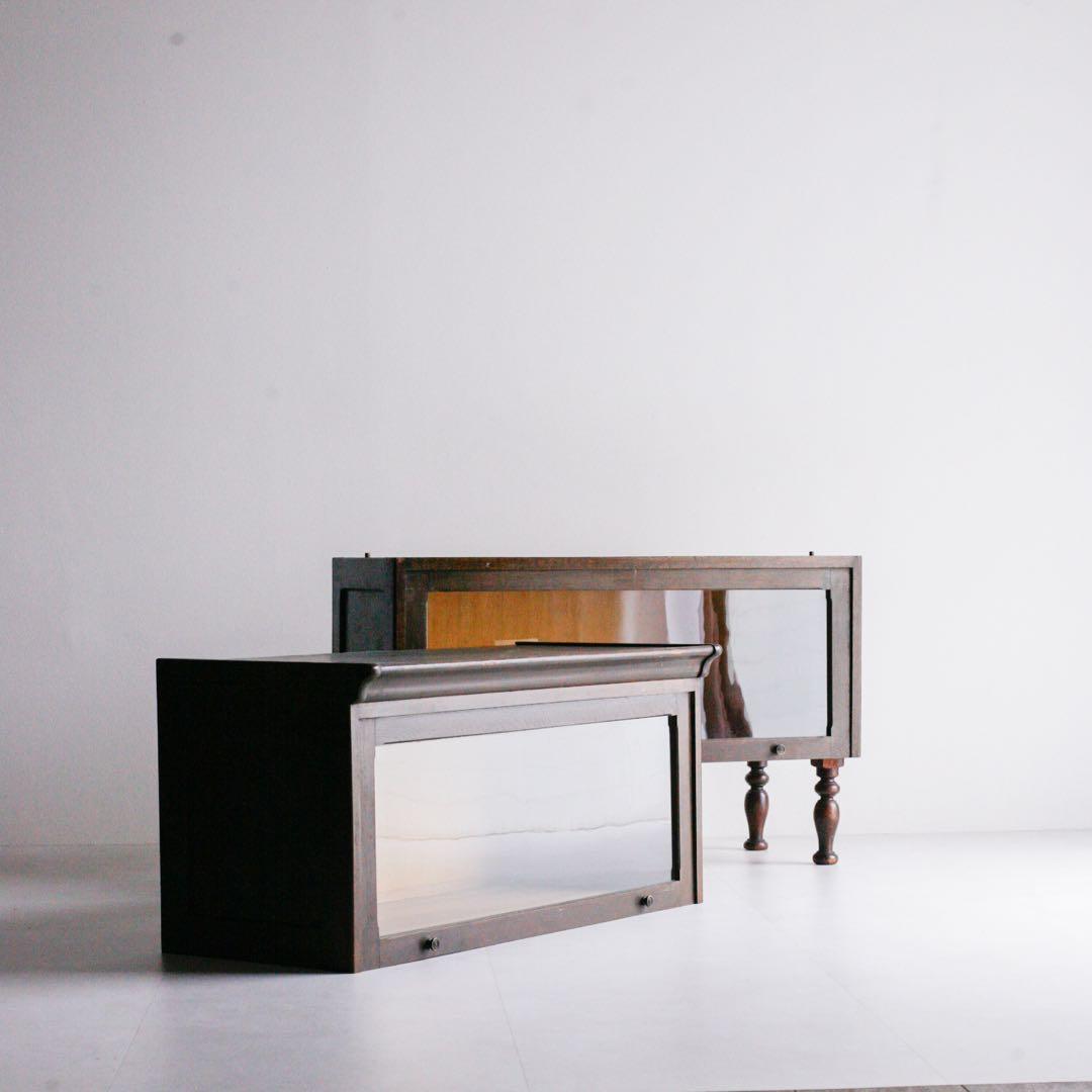 ガラス戸　収納棚　本棚　タモ材　シェルフ キャビネット　アンティーク　古家具