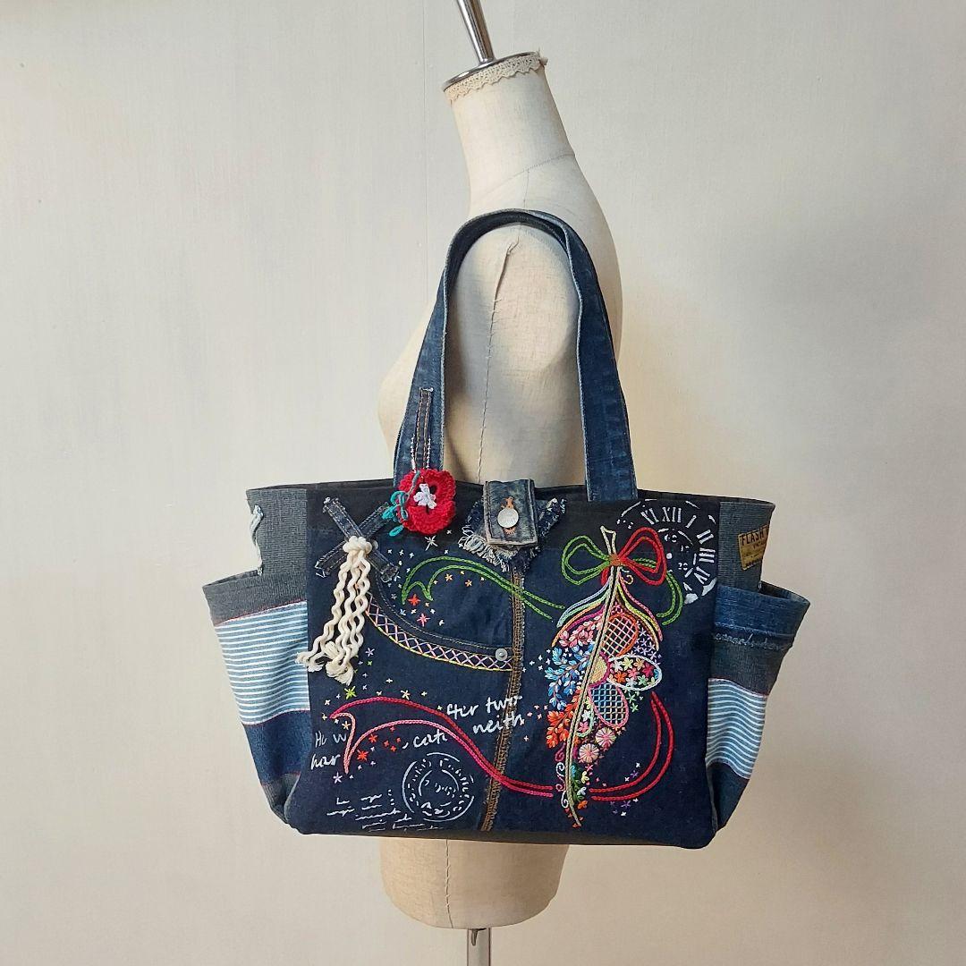 【Kal】大きな刺繍デニムバック　No.651　デニムリメイク　特大バック